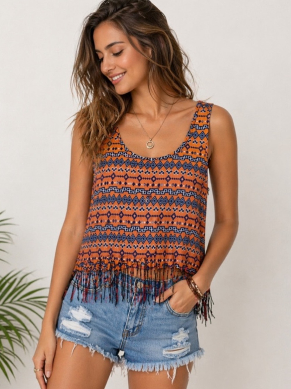 Guess Women’s cotton/modal boho beaded orange and blue tank top Small